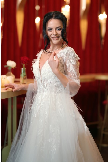 rochie de mireasă A-line cu mâneci